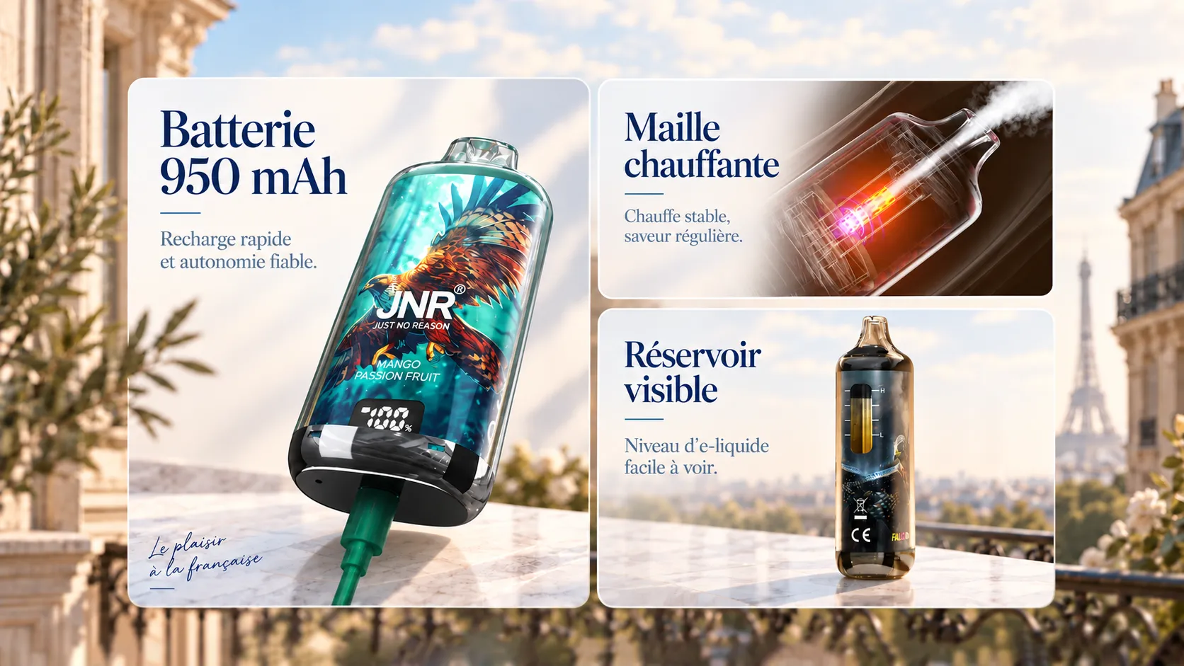 Sch&eacute;ma d&rsquo;un dispositif remplissable avec batterie, r&eacute;servoir, &eacute;l&eacute;ment chauffant et embout