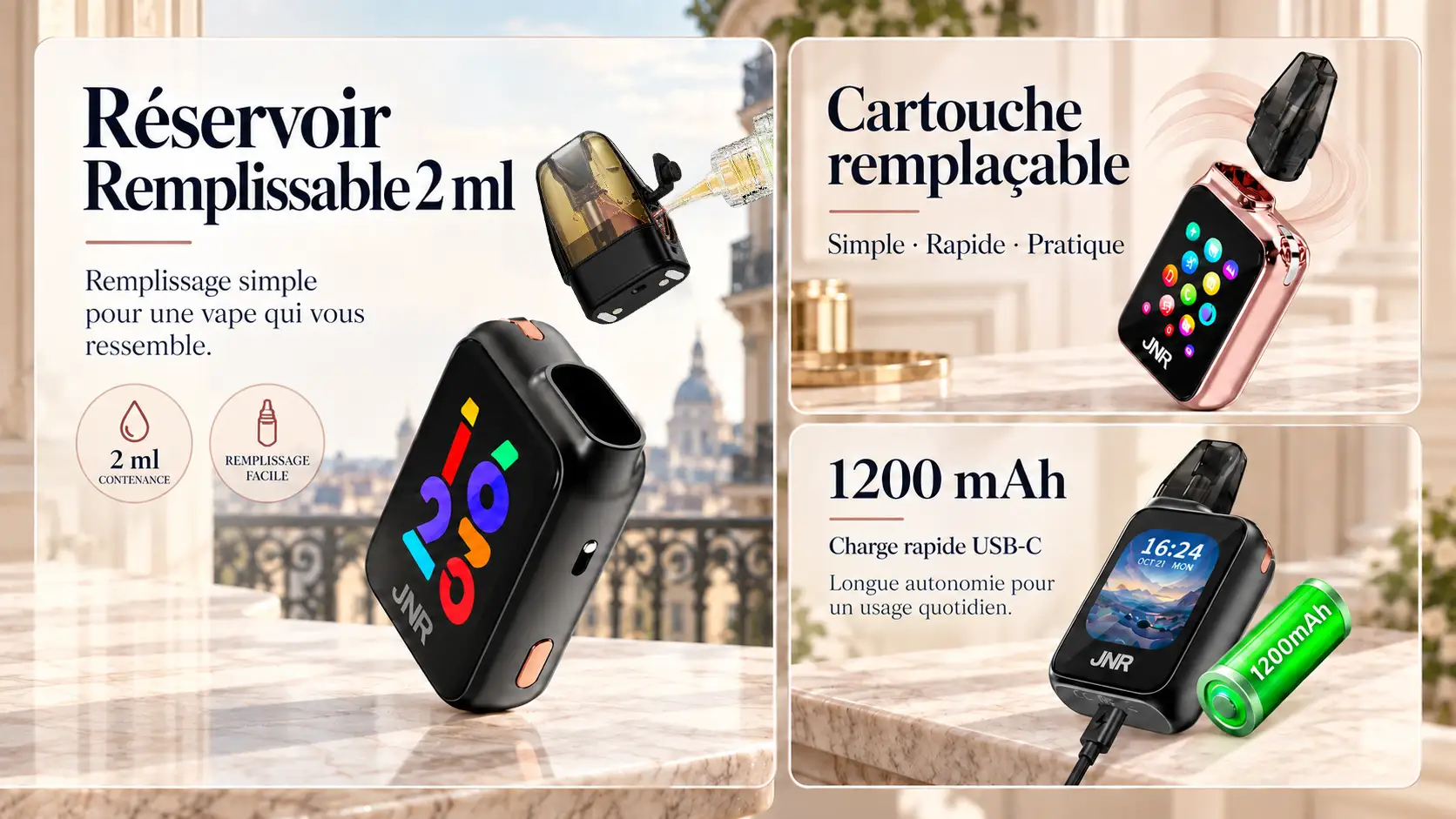 Trois fonctions distinctes : remplir le r&eacute;servoir, recharger la batterie et remplacer le pod